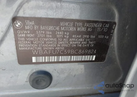 2011 BMW 535I xDrive from USA, damaged, VIN WBAFU7C59BC869824
